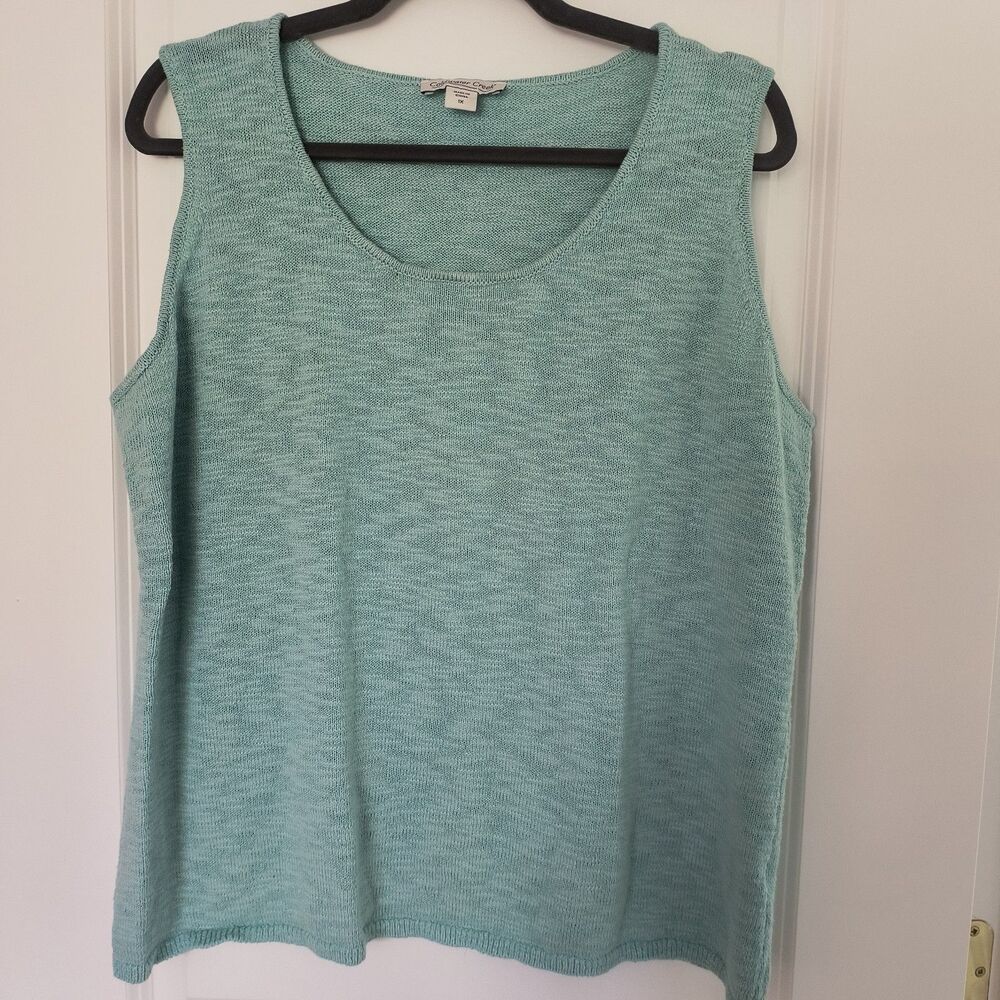 Coldwater Creek Vest 1X Green Sleeveless Sweater Knit Tank Cotton Coastal Beachy